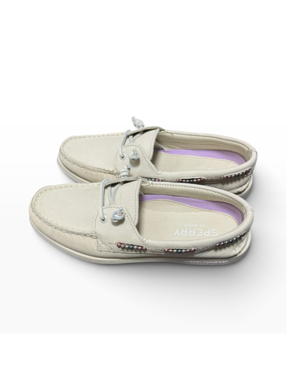 New Sperry Boat Shoes, Beaded, Leather Size 7.5, Cream Off white
